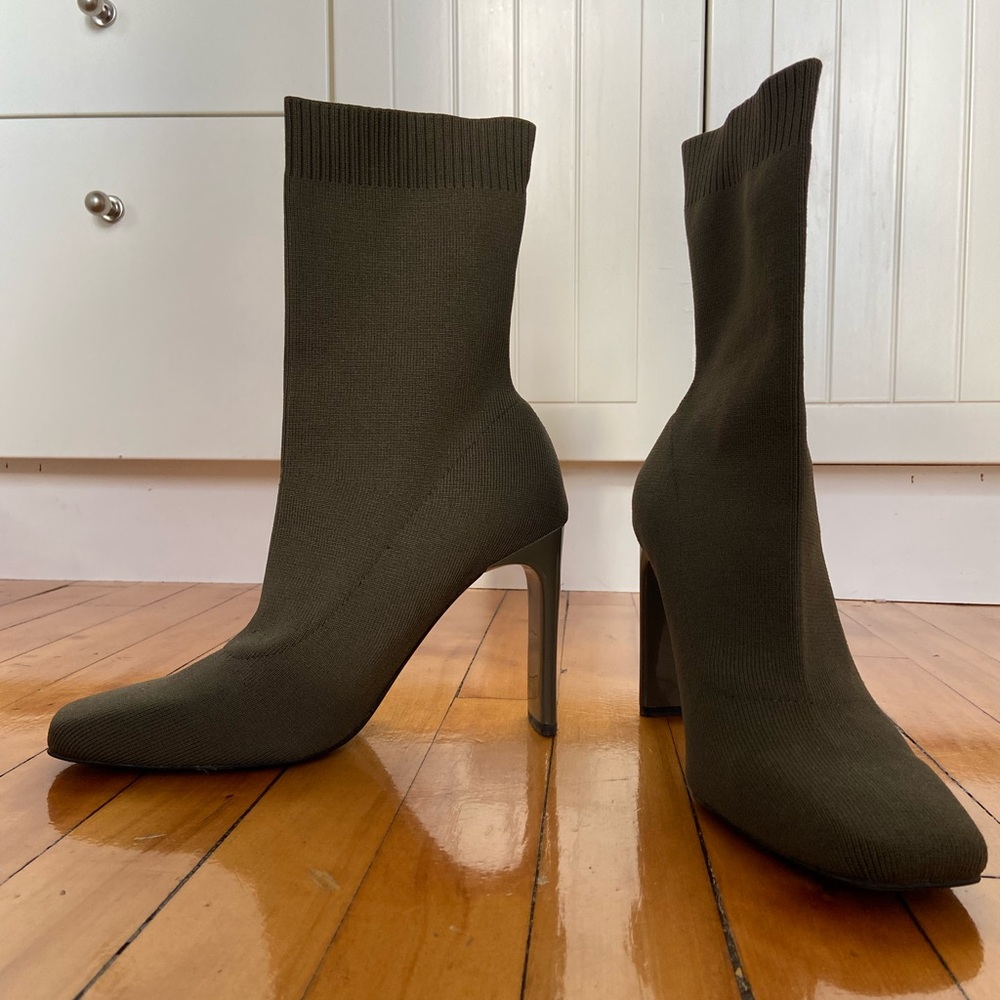 Knit Sock Booties in Olive Green - Women's High Heel Boots